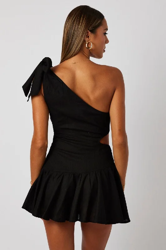 Black One Shoulder Dress Bow Cut Out Swishy Dress