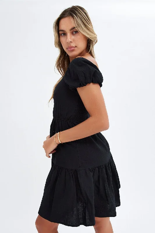 Black Puff Sleeve Cut Out Skater Dress