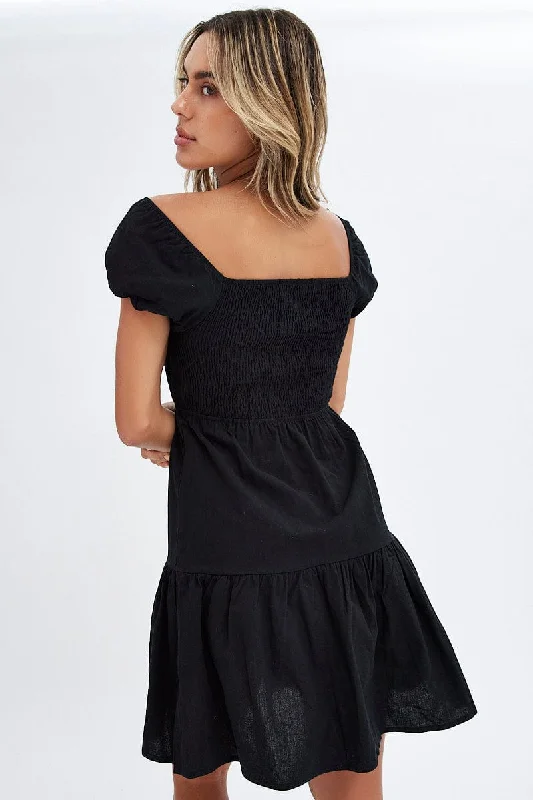 Black Puff Sleeve Cut Out Skater Dress