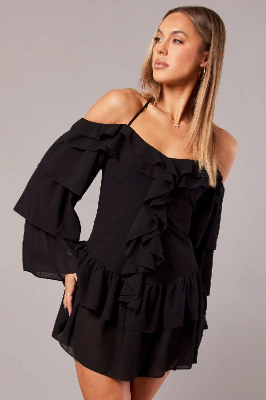 Black Ruffle Dress Bardot Layered Frill Sleeve Dress