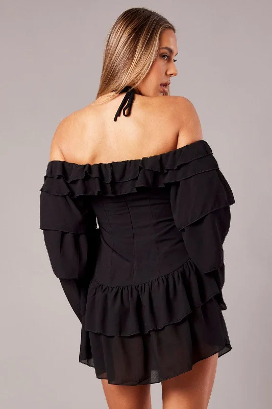 Black Ruffle Dress Bardot Layered Frill Sleeve Dress