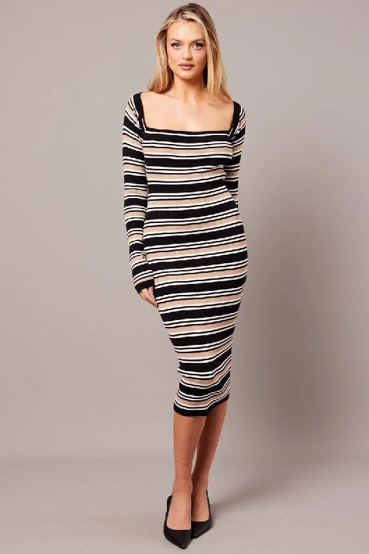 Black Stripe Knit Dress Long Sleeve