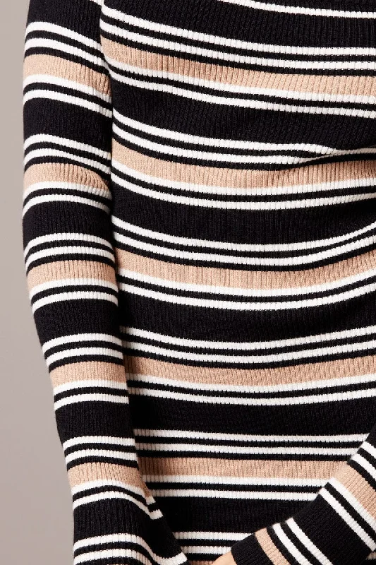 Black Stripe Knit Dress Long Sleeve