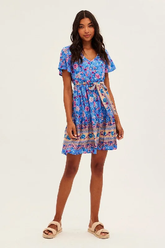 Blue Boho Boho Textuerd Skater Dress