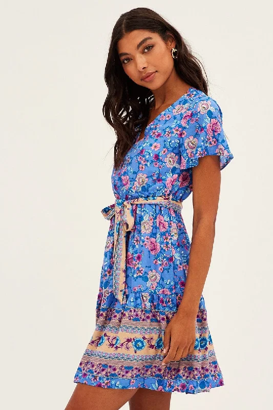 Blue Boho Boho Textuerd Skater Dress