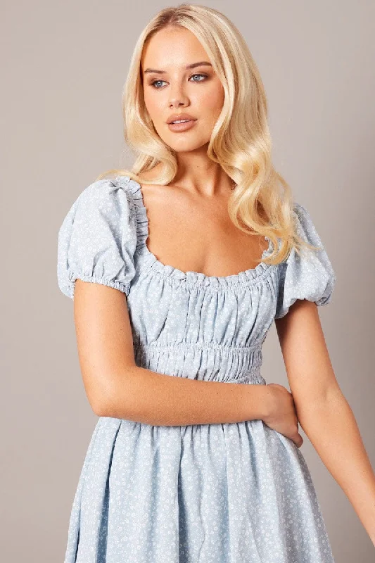 Blue Ditsy Fit And Flare Dress Puff Sleeve