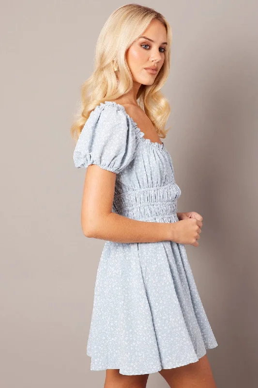 Blue Ditsy Fit And Flare Dress Puff Sleeve