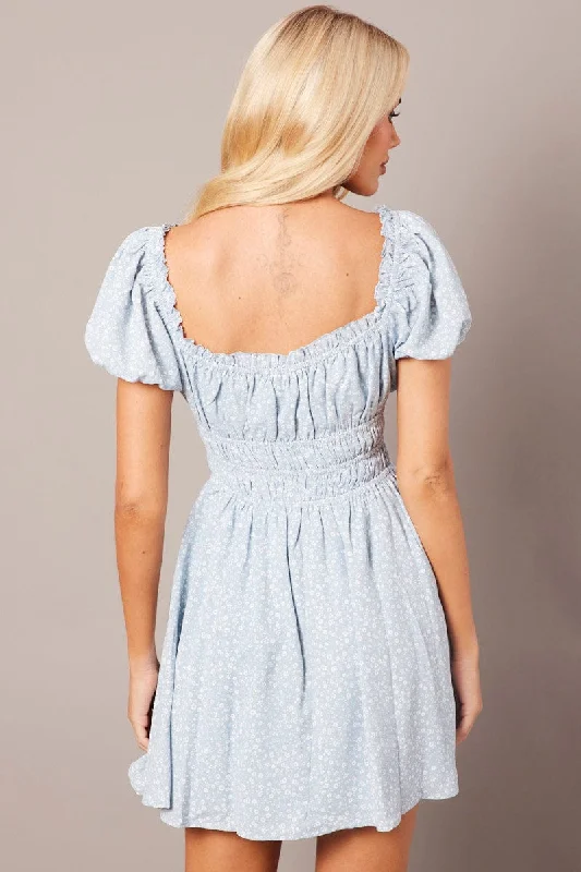 Blue Ditsy Fit And Flare Dress Puff Sleeve