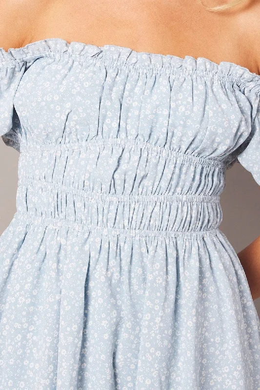 Blue Ditsy Fit And Flare Dress Puff Sleeve