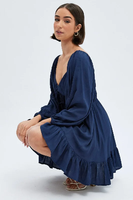 Blue Fit and Flare Dress Long Sleeve Cut Out