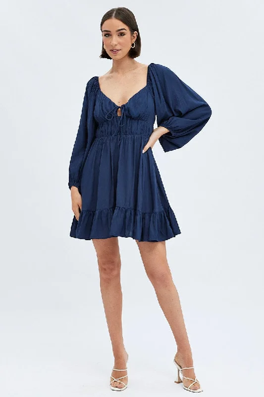 Blue Fit and Flare Dress Long Sleeve Cut Out