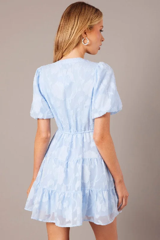 Blue Fit And Flare Dress Puff Sleeve Burnout Fabric