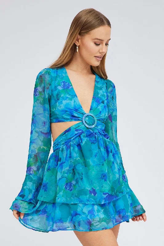 Blue Floral Dress Balloon Sleeve Lace Up Back Ring Chiffon