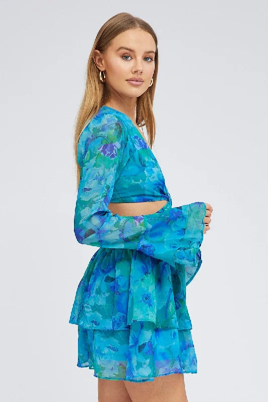 Blue Floral Dress Balloon Sleeve Lace Up Back Ring Chiffon