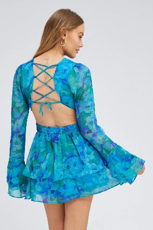 Blue Floral Dress Balloon Sleeve Lace Up Back Ring Chiffon