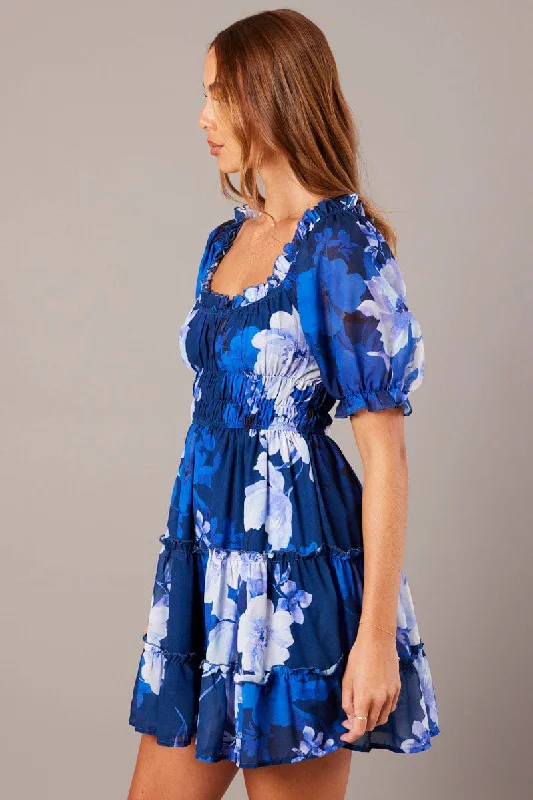 Blue Floral Fit And Flare Dress Puff Sleeve