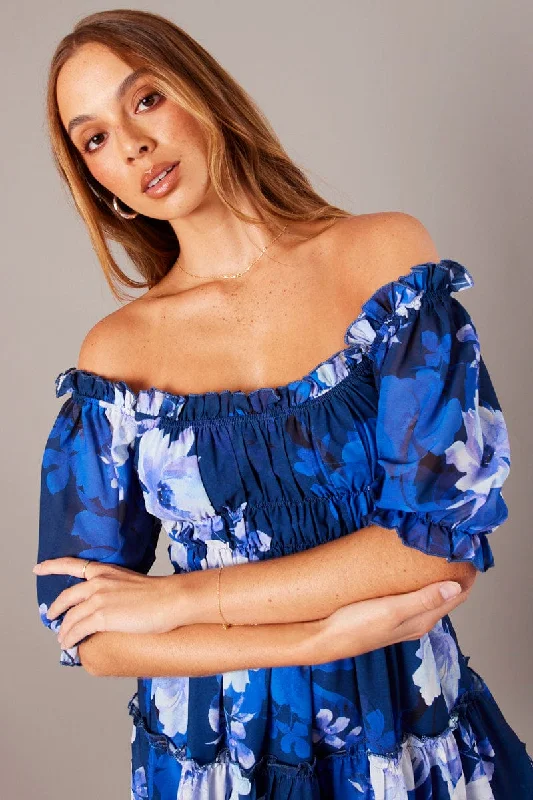 Blue Floral Fit And Flare Dress Puff Sleeve