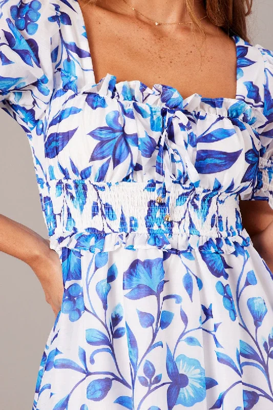 Blue Floral Fit And Flare Dress Puff Sleeve