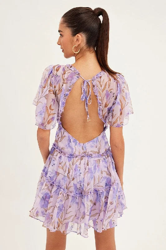 Blue Floral Fit And Flare Dress Short Sleeve Backless