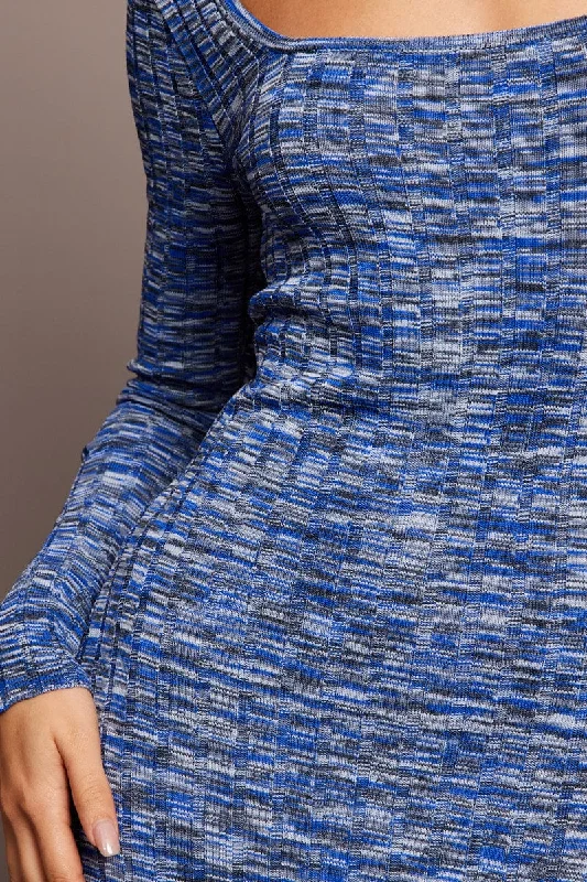 Blue Knit Dress Long Sleeve Space Dye