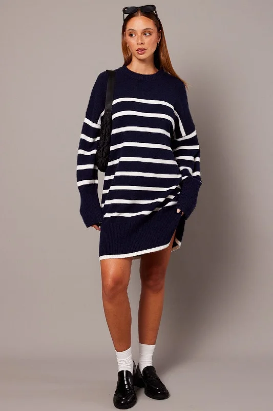 Blue Stripe Knit Dress Long Sleeve