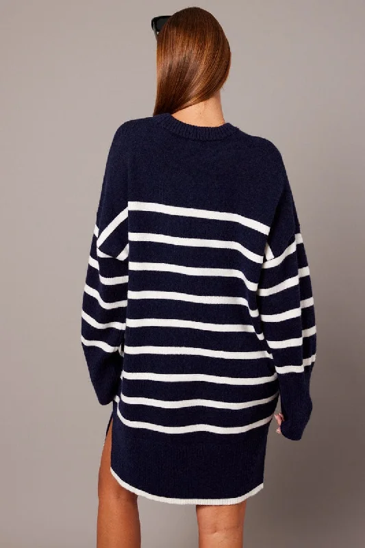 Blue Stripe Knit Dress Long Sleeve