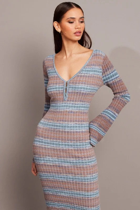 Blue Stripe Knit Dress Long Sleeve