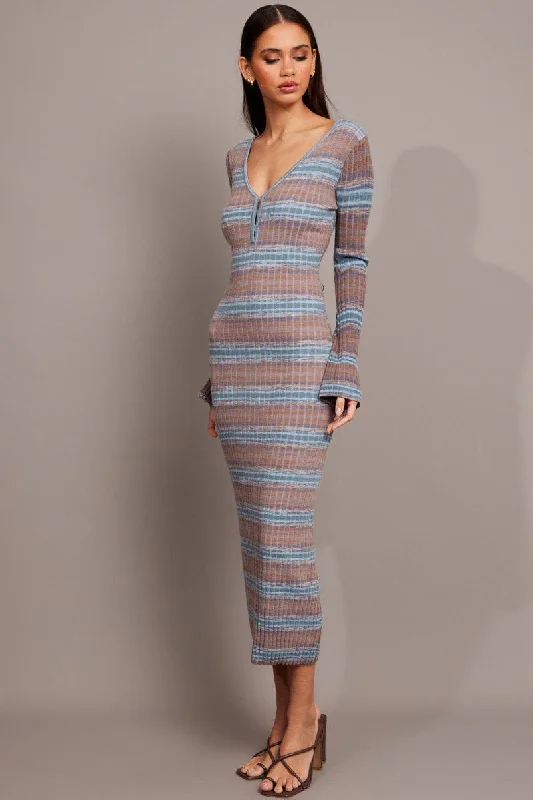 Blue Stripe Knit Dress Long Sleeve