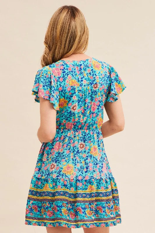 Boho Print Short Sleeve Button Front Skater Dress