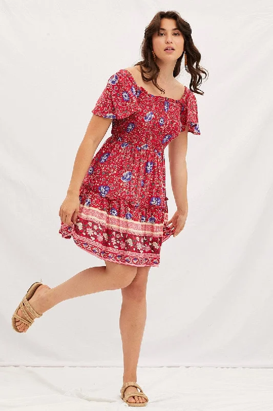 Boho Print Square Neck Short Sleeve Skater Dress