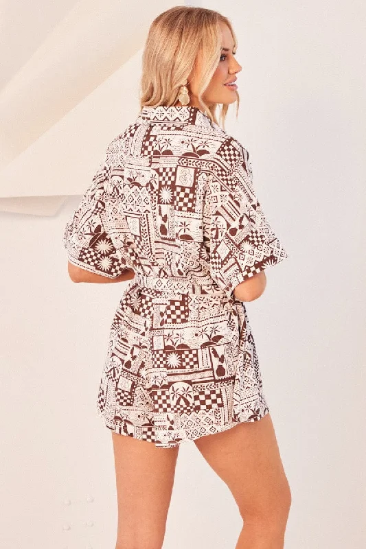 Brown Abstract Oversized Playsuit