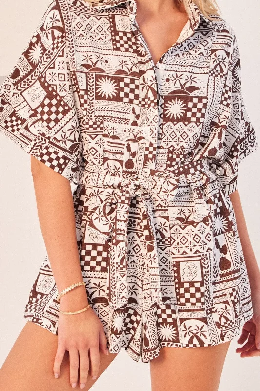 Brown Abstract Oversized Playsuit