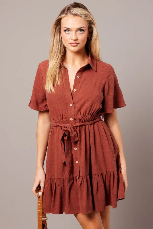 Brown Fit And Flare Dress Wing Sleeve