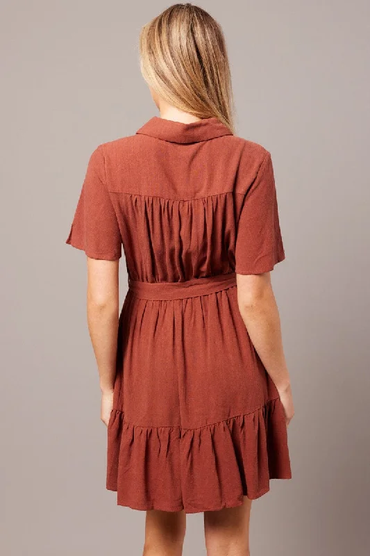 Brown Fit And Flare Dress Wing Sleeve