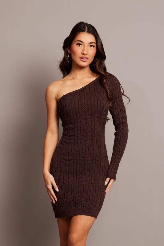 Brown One Shoulder Knitted Dress Long Sleeve