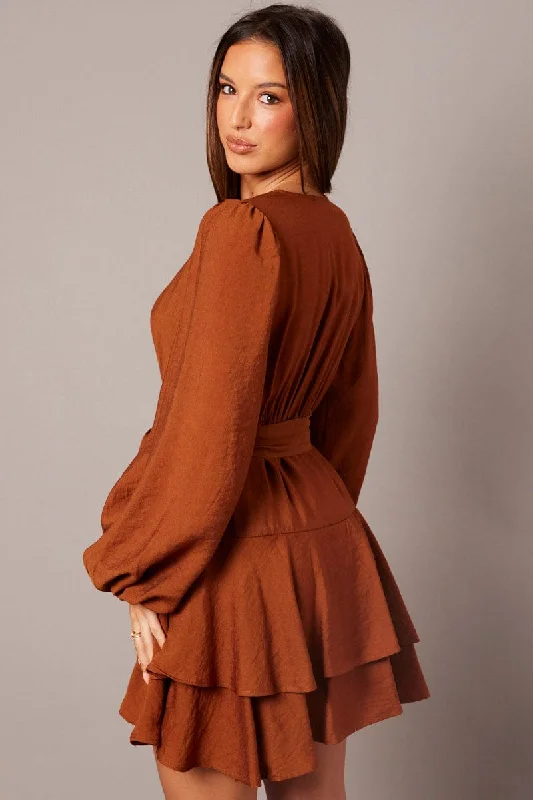 Brown Wrap Dress Mocha Satin Balloon Sleeve Dress