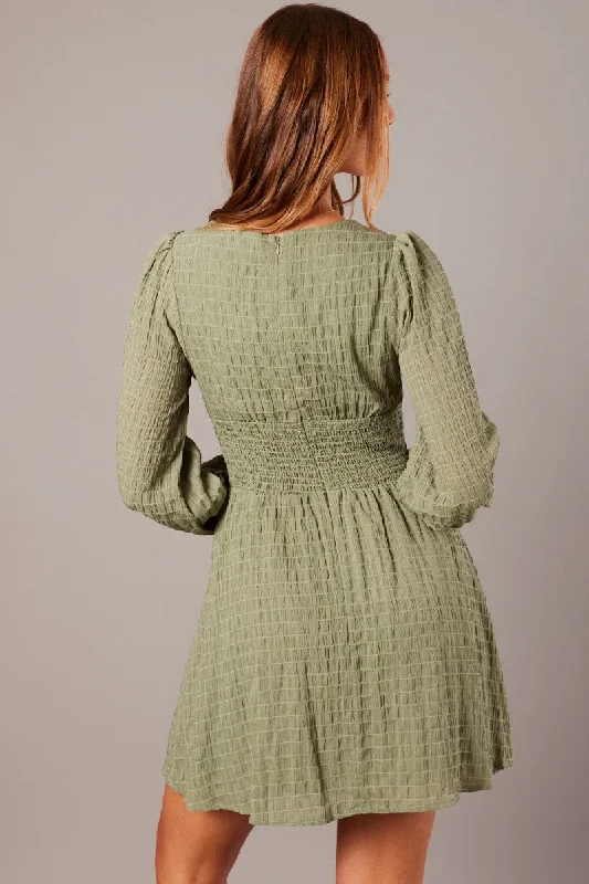 Green Fit And Flare Dress Long Sleeve