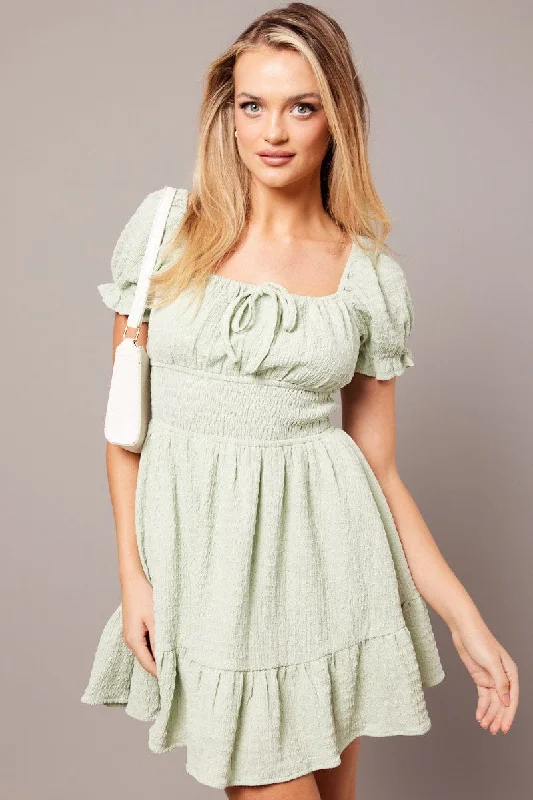 Green Fit And Flare Dress Puff Sleeve Textured fabric