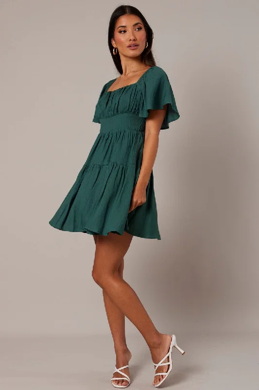 Green Fit And Flare Dress Short Sleeve