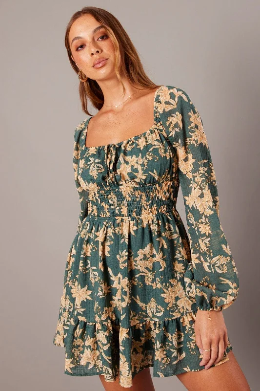 Green Floral Fit and Flare Dress Long Sleeve Ruched Bust