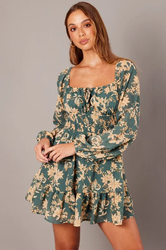 Green Floral Fit and Flare Dress Long Sleeve Ruched Bust