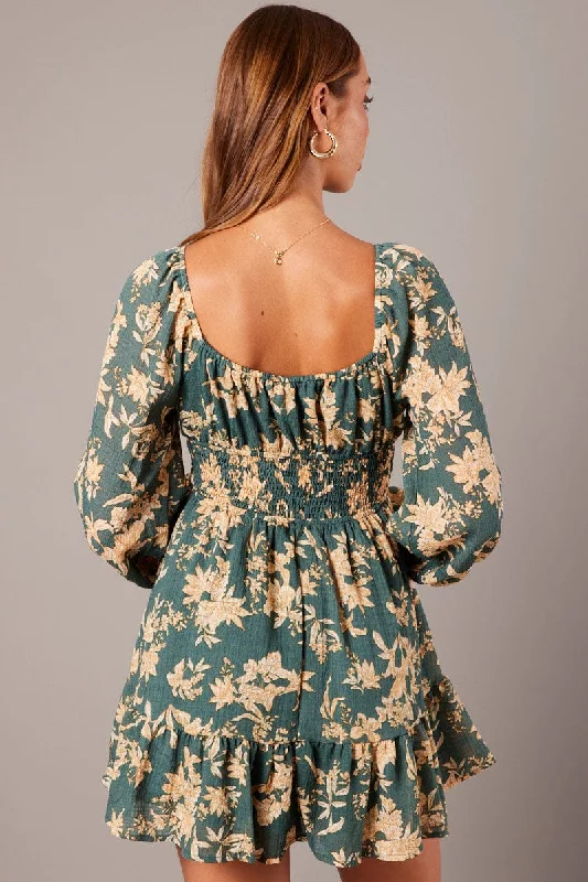 Green Floral Fit and Flare Dress Long Sleeve Ruched Bust