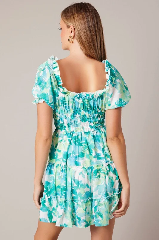 Green Floral Fit And Flare Dress Puff Sleeve