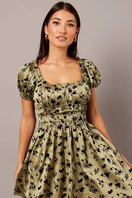 Green Floral Fit And Flare Dress Puff Sleeve