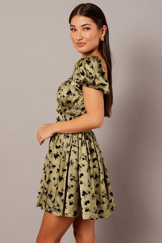 Green Floral Fit And Flare Dress Puff Sleeve