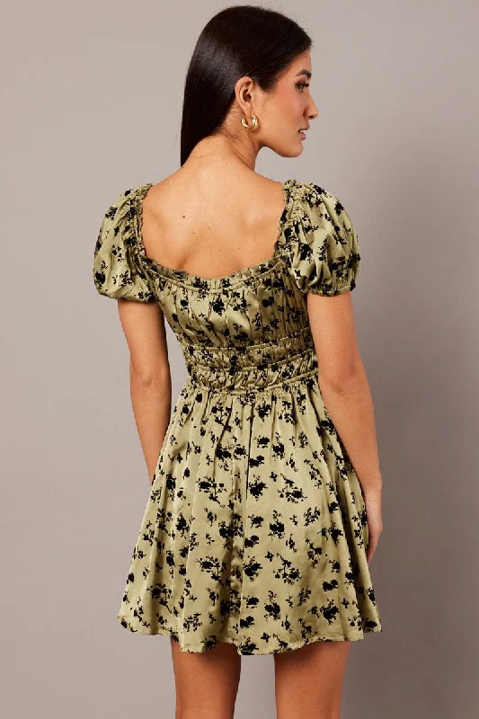 Green Floral Fit And Flare Dress Puff Sleeve