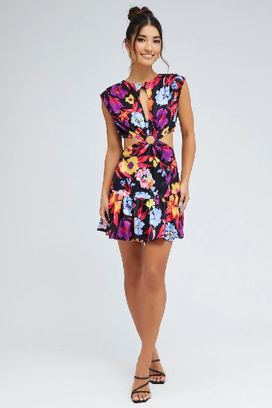 Multi Floral Bright Floral Ring Detail Keyhole Dress