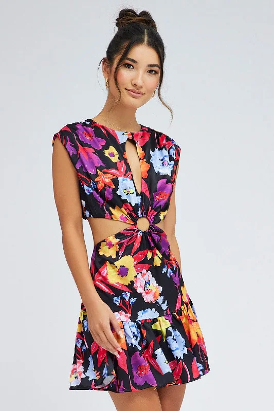 Multi Floral Bright Floral Ring Detail Keyhole Dress