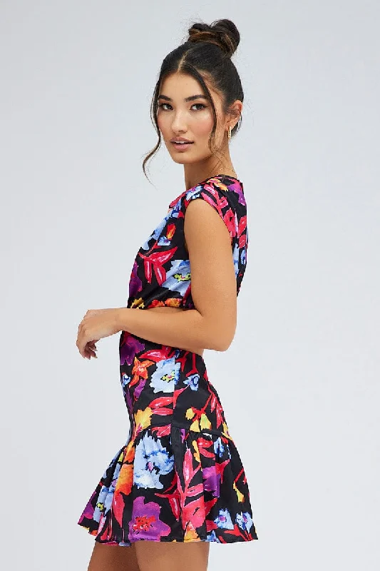 Multi Floral Bright Floral Ring Detail Keyhole Dress