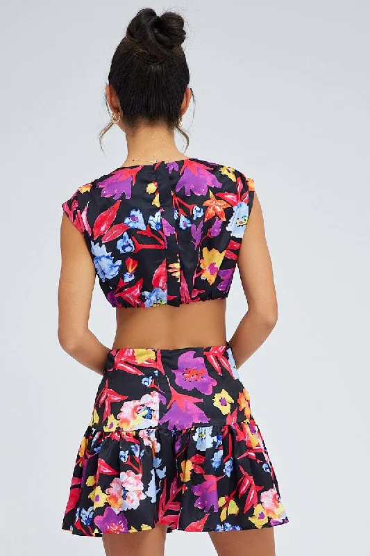 Multi Floral Bright Floral Ring Detail Keyhole Dress